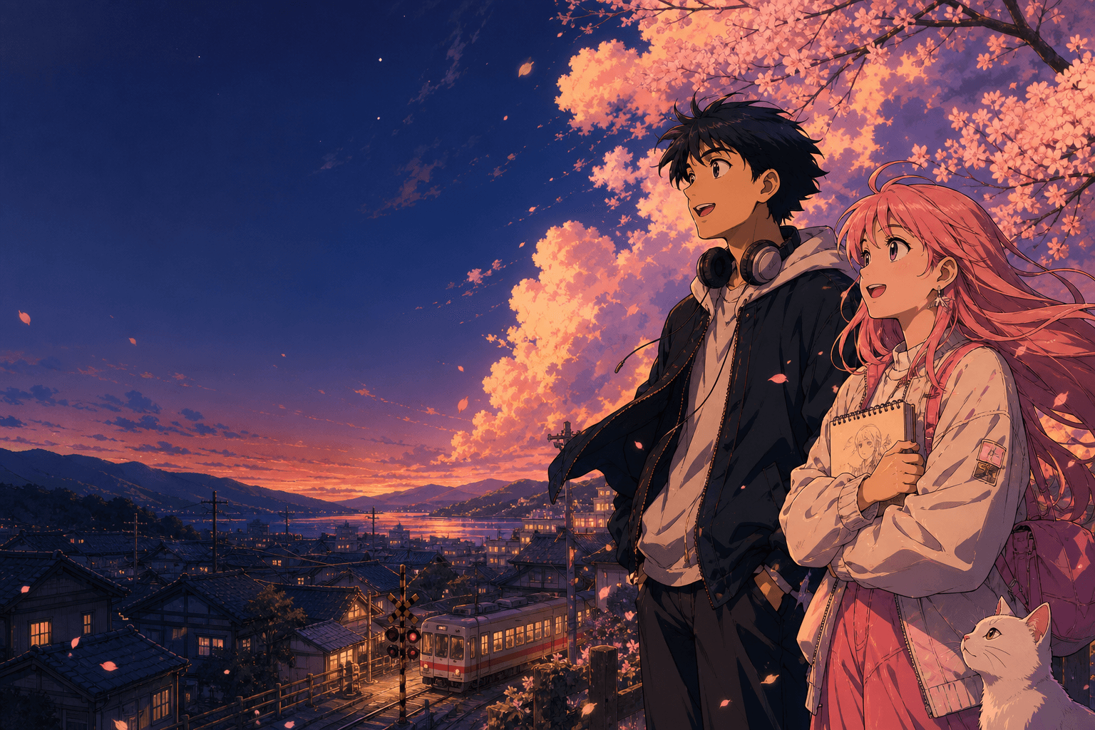 Dois fãs de anime e um gato branco observam uma cidade japonesa entre sakuras ao pôr do sol.